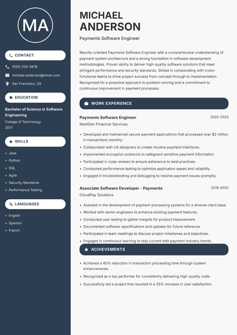 Payments Software Engineer resume sample — Payments Software Engineer focus