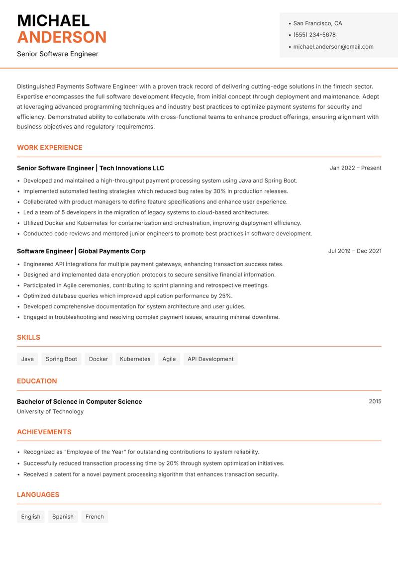 Payments Software Engineer resume sample — Senior Software Engineer focus