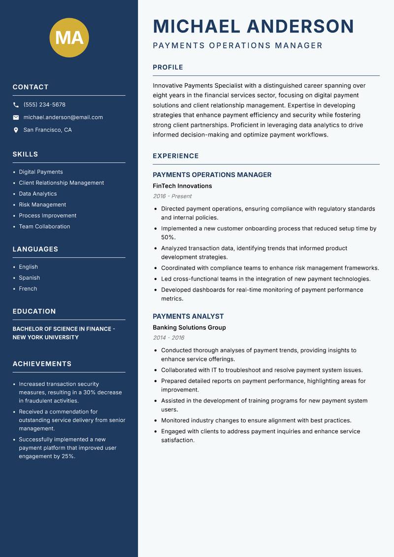 Payments Specialist resume sample — Payments Operations Manager focus