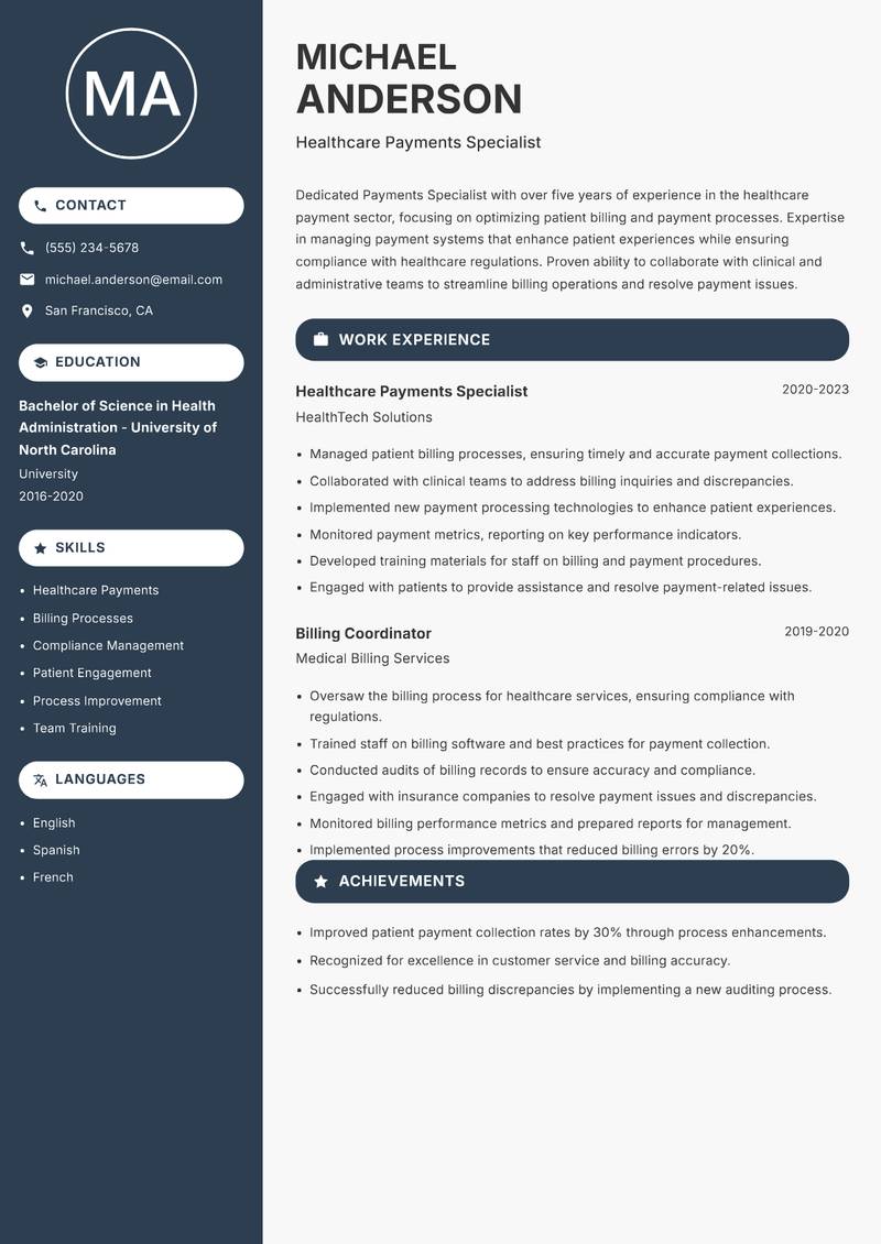 Payments Specialist resume sample — Healthcare Payments Specialist focus