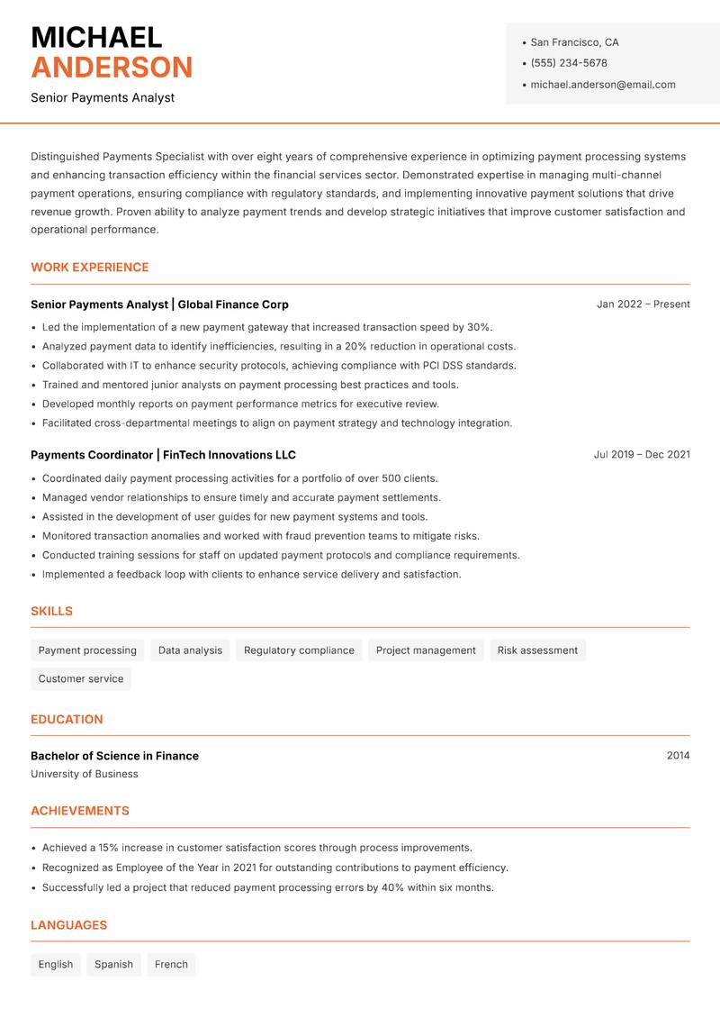 Payments Specialist resume sample — Senior Payments Analyst focus