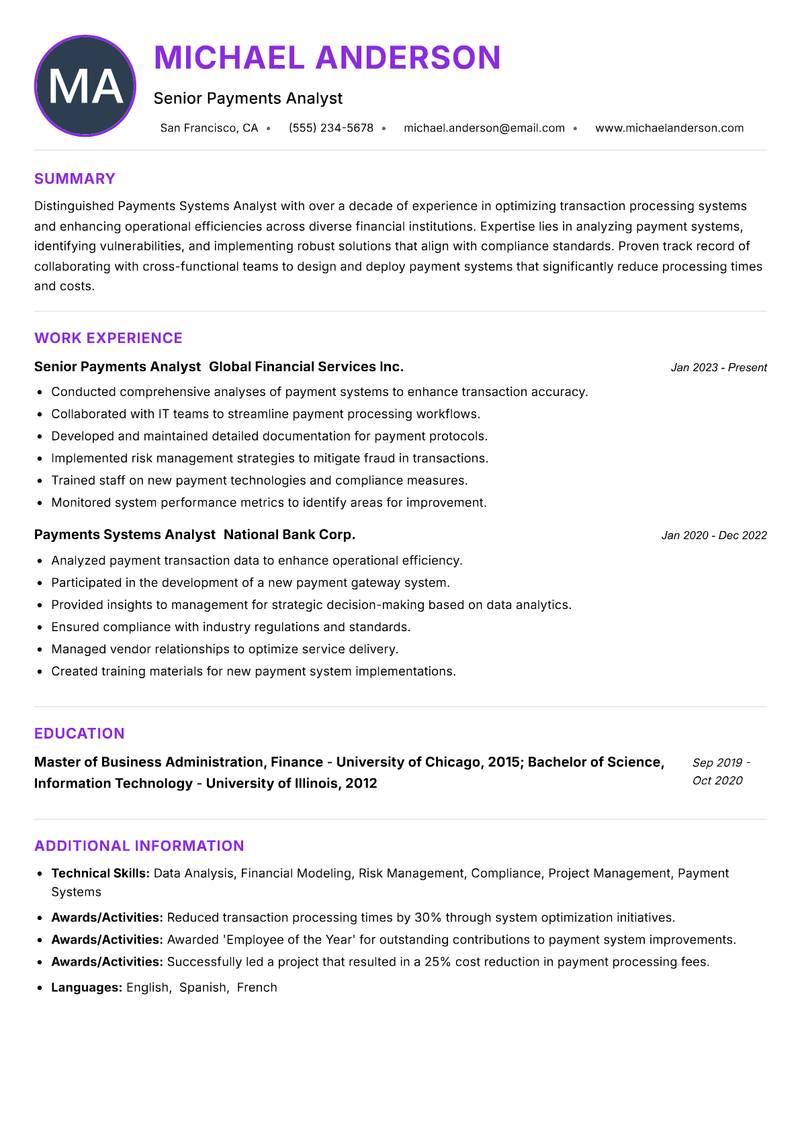 Payments Systems Analyst resume example