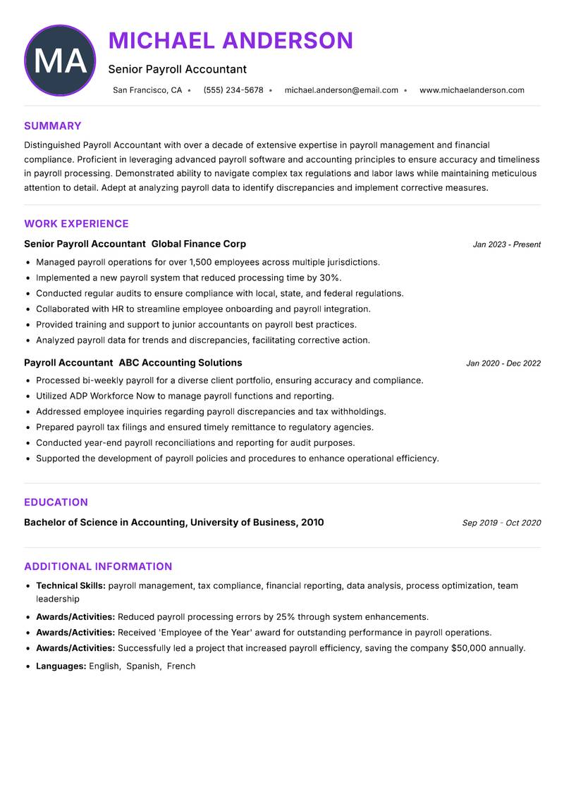 Payroll Accountant resume example