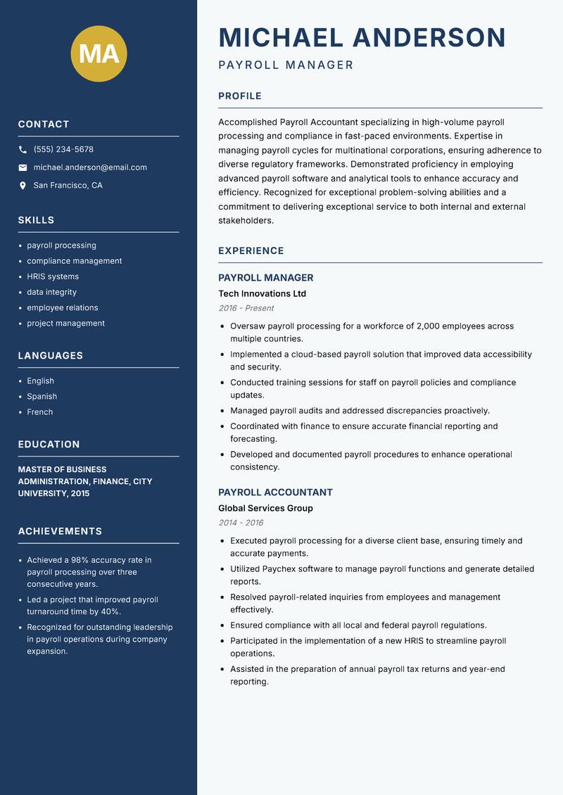 Payroll Accountant resume sample — Payroll Manager focus