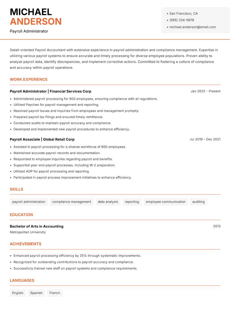 Payroll Accountant resume sample — Payroll Administrator focus