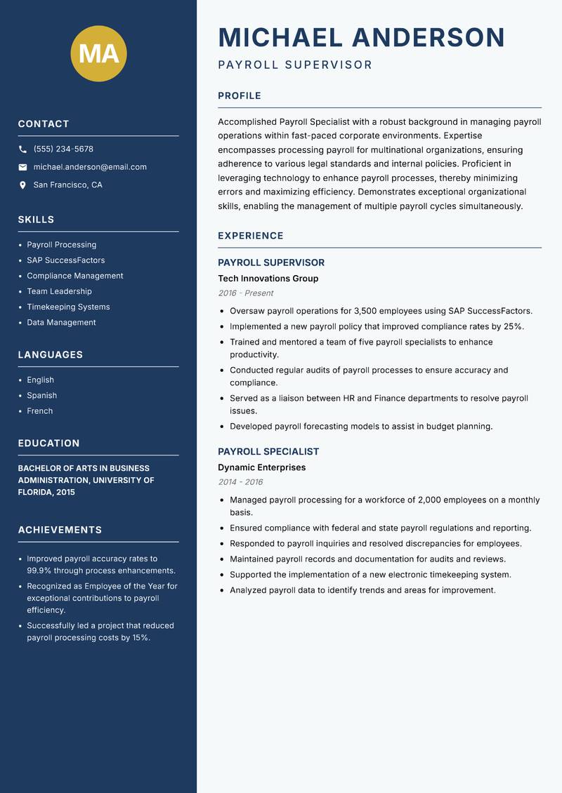 Payroll Specialist resume sample — Payroll Supervisor focus
