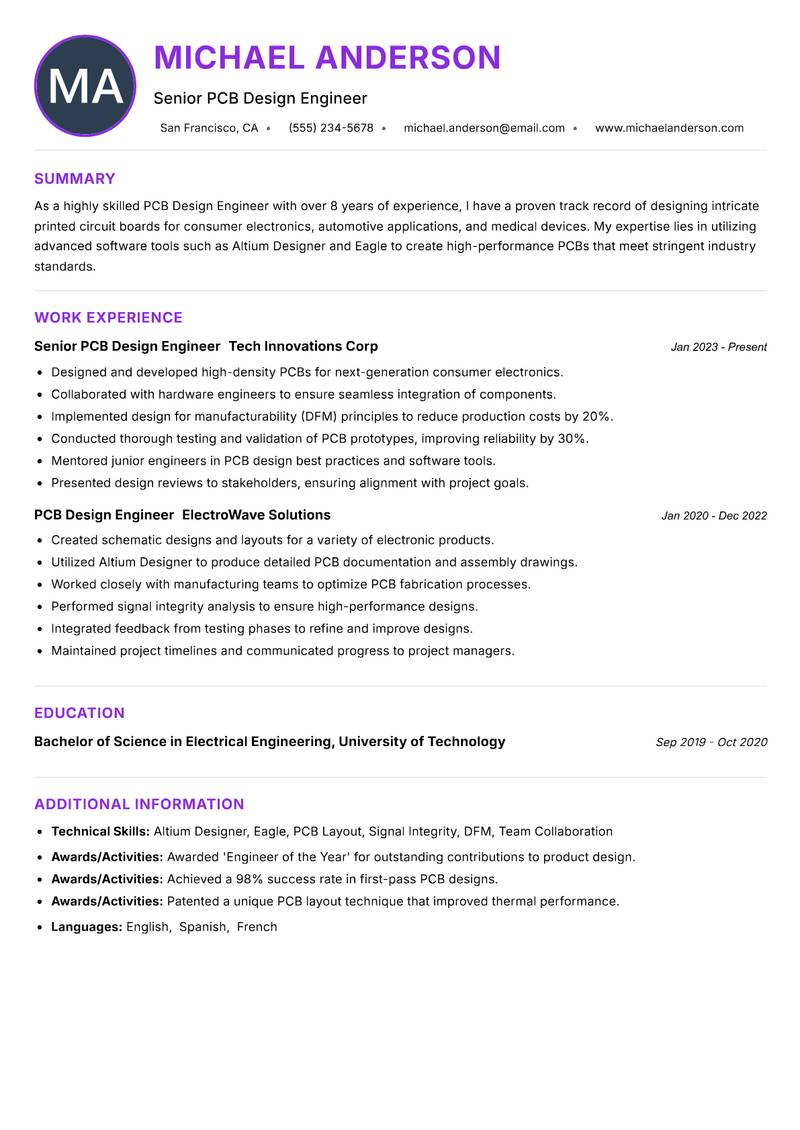 PCB Design Engineer resume example