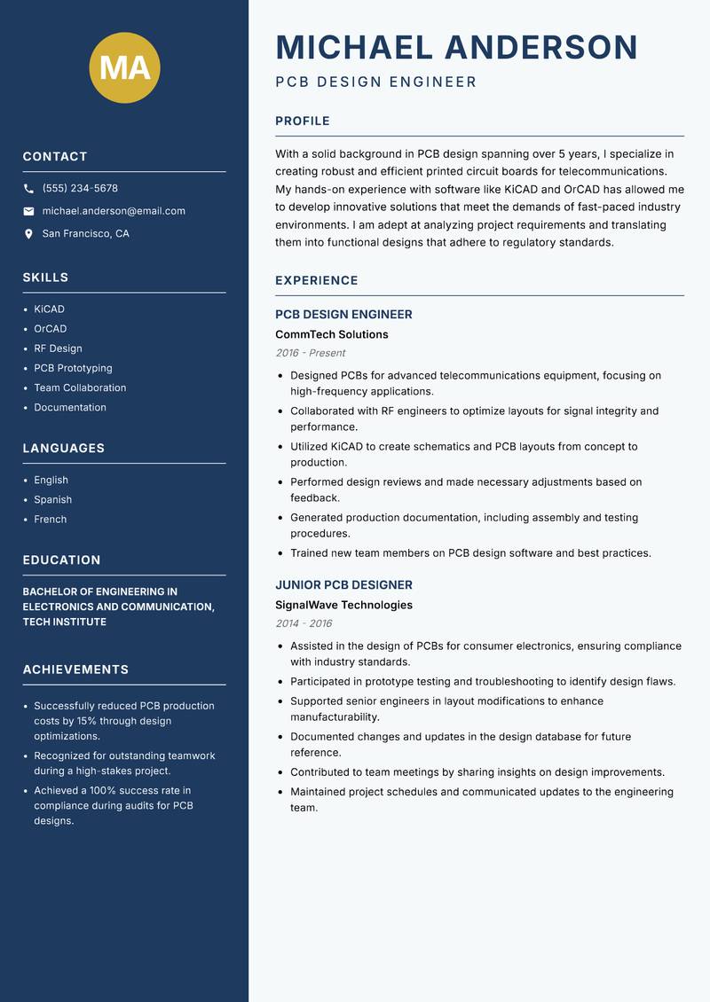 PCB Design Engineer resume sample — PCB Design Engineer focus