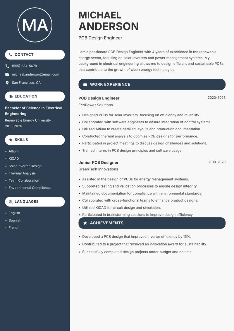 PCB Design Engineer resume sample — PCB Design Engineer focus