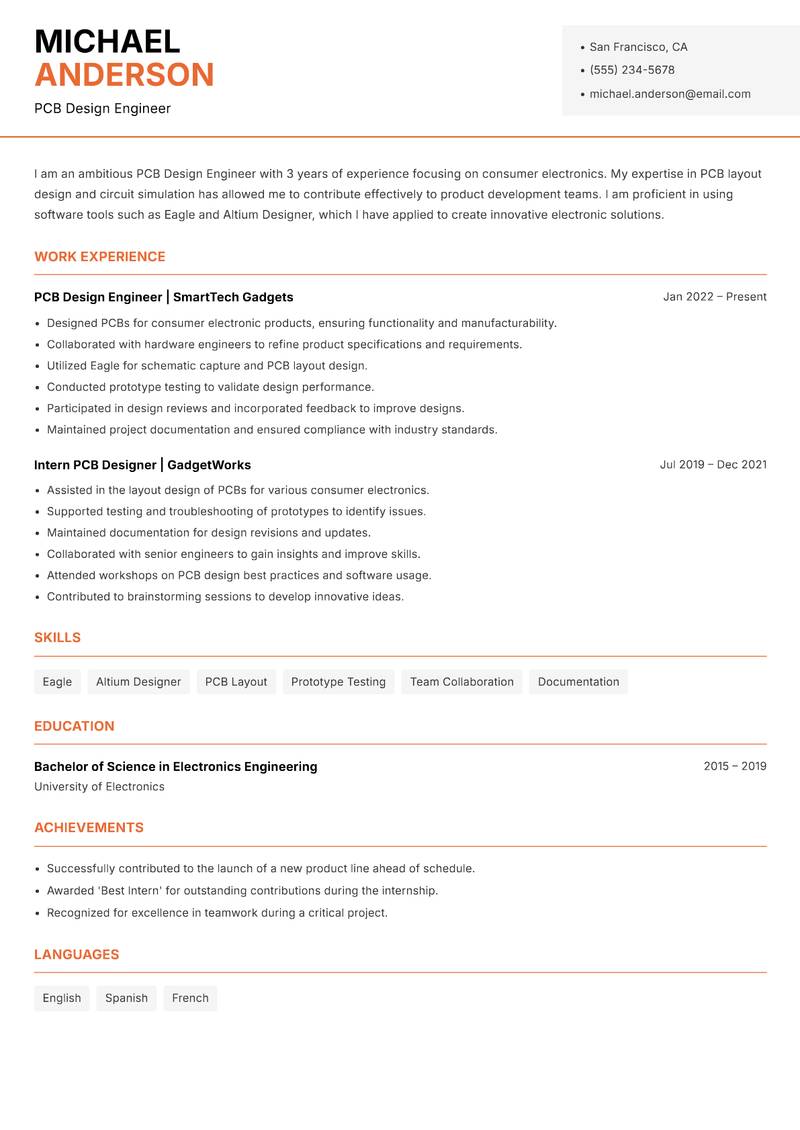 PCB Design Engineer resume sample — PCB Design Engineer focus