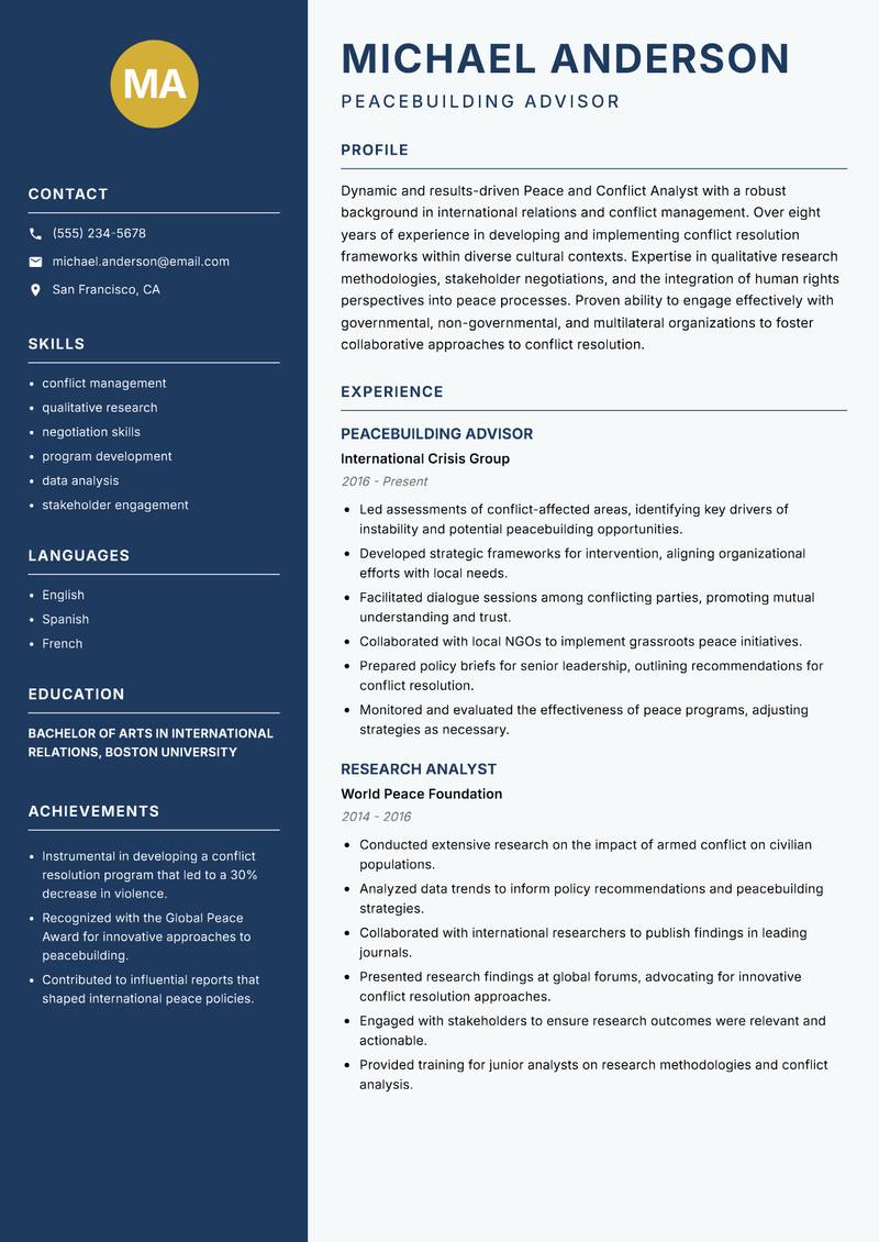 Peace and Conflict Analyst resume sample — Peacebuilding Advisor focus