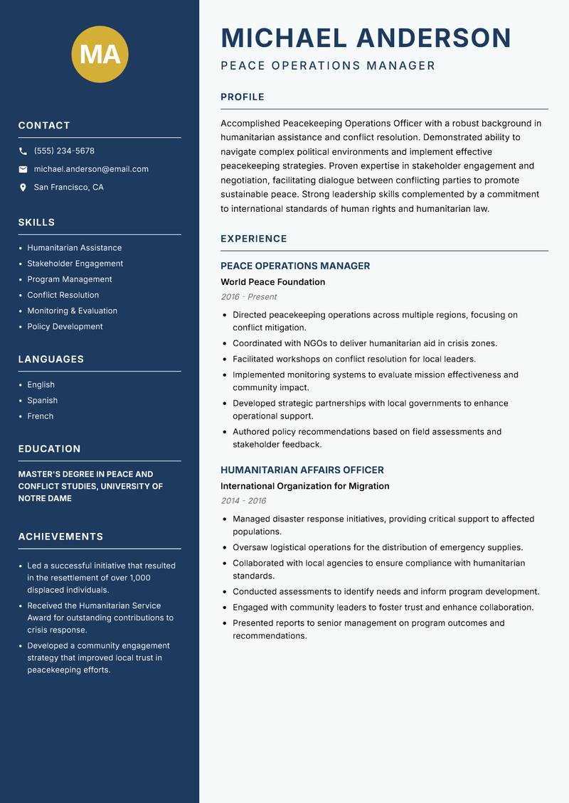 Peacekeeping Operations Officer resume sample — Peace Operations Manager focus