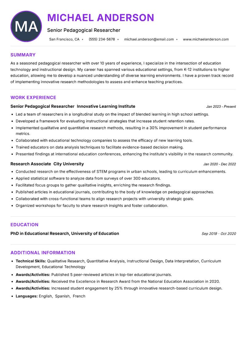Pedagogical Researcher resume example