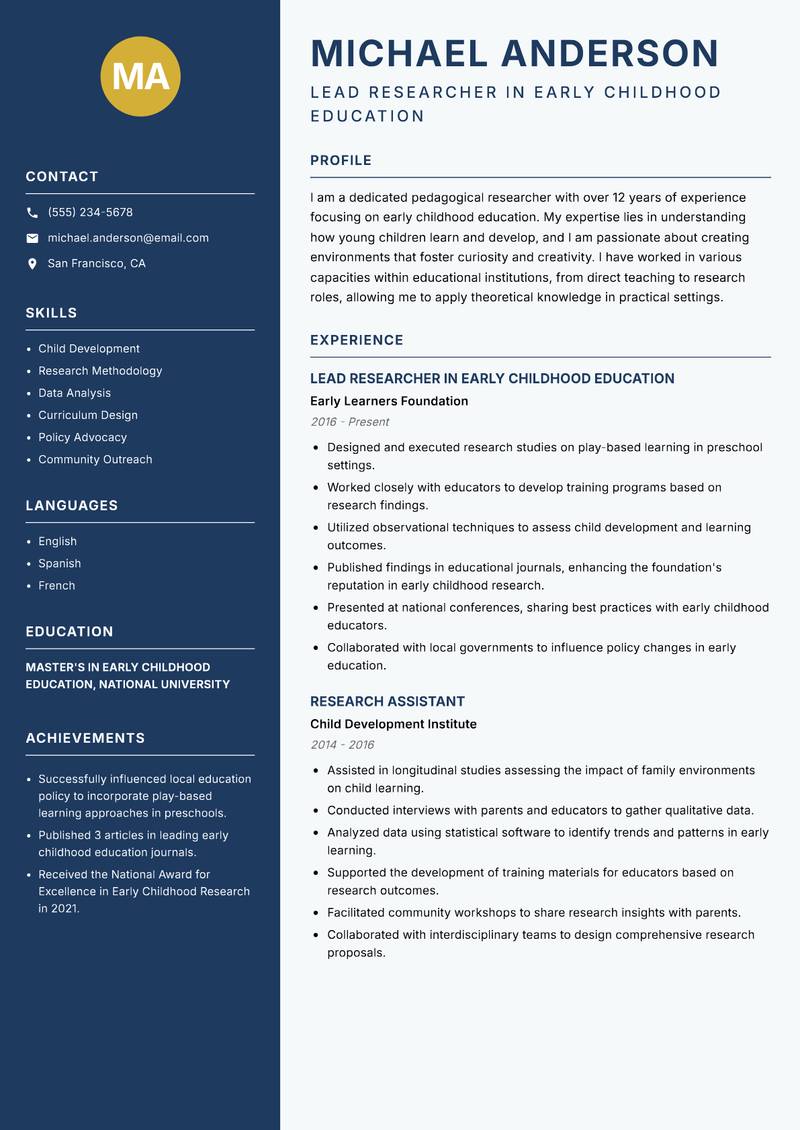Pedagogical Researcher resume sample — Lead Researcher in Early Childhood Education focus
