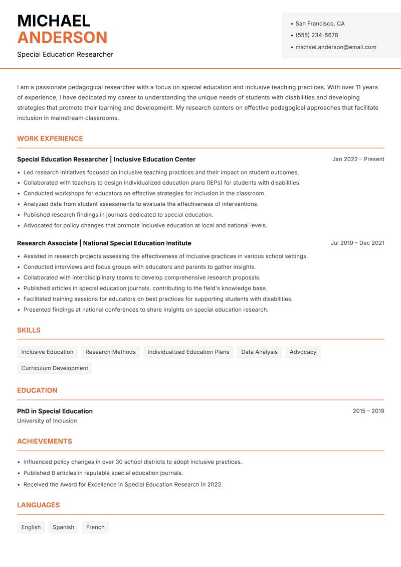 Pedagogical Researcher resume sample — Special Education Researcher focus