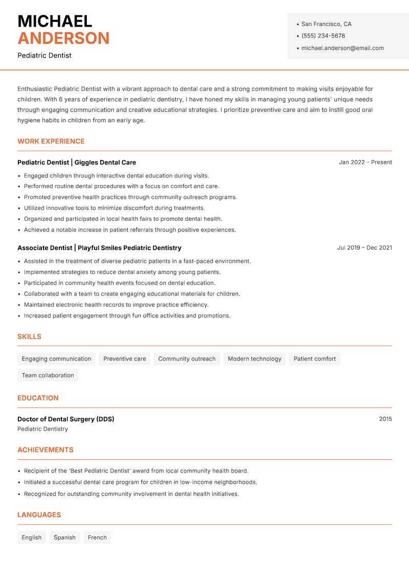 Pediatric Dentist resume sample — Pediatric Dentist focus