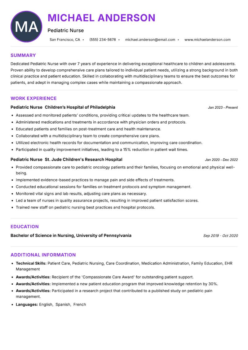 Pediatric Nurse resume example