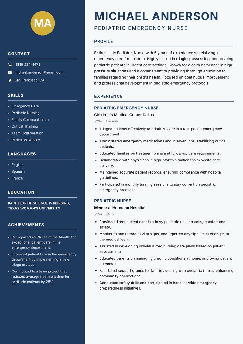 Pediatric Nurse resume sample — Pediatric Emergency Nurse focus