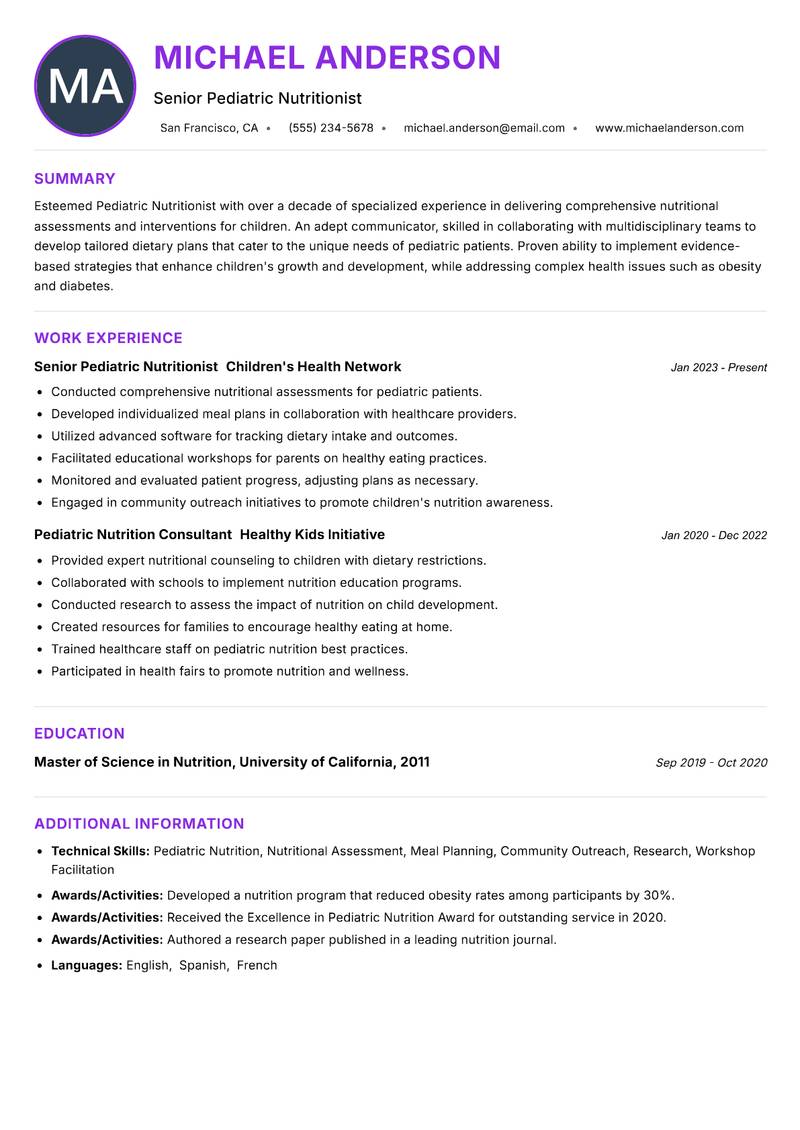 Pediatric Nutritionist resume example