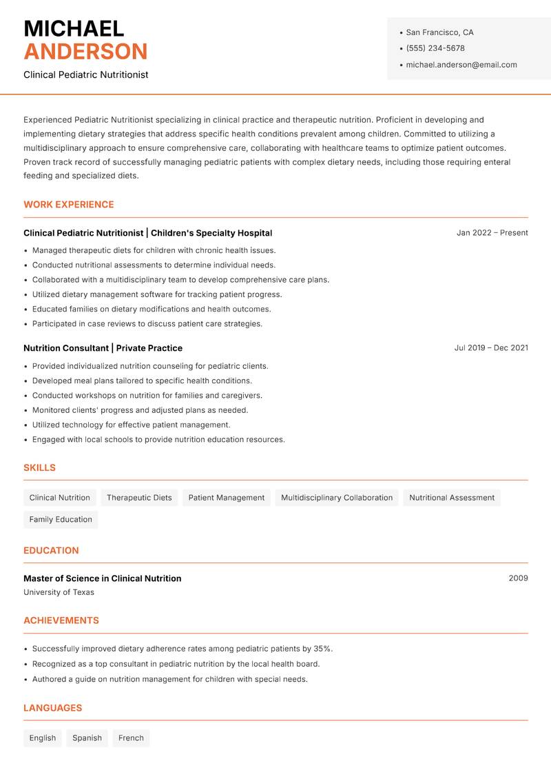Pediatric Nutritionist resume sample — Clinical Pediatric Nutritionist focus