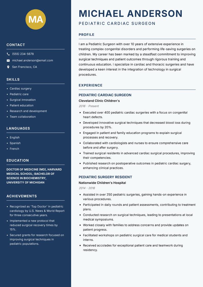 Pediatric Surgeon resume sample — Pediatric Cardiac Surgeon focus