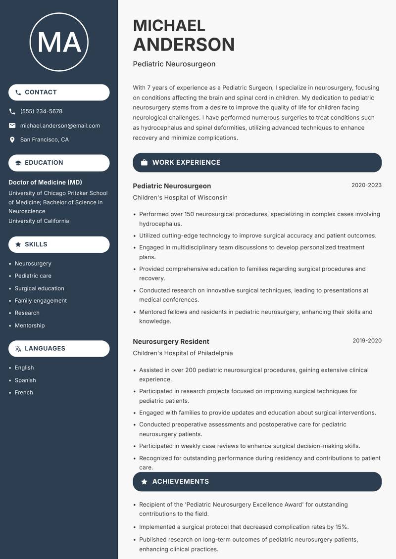 Pediatric Surgeon resume sample — Pediatric Neurosurgeon focus