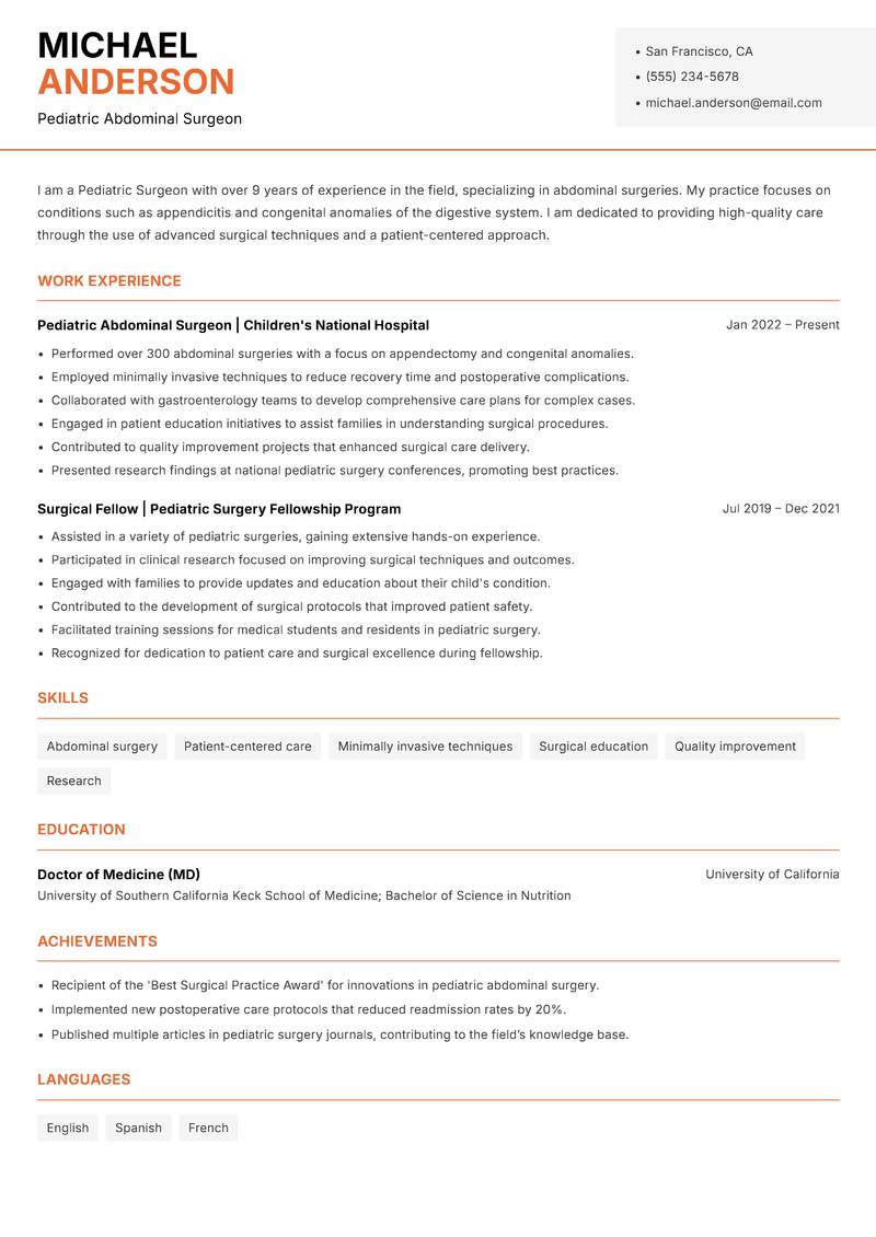 Pediatric Surgeon resume sample — Pediatric Abdominal Surgeon focus