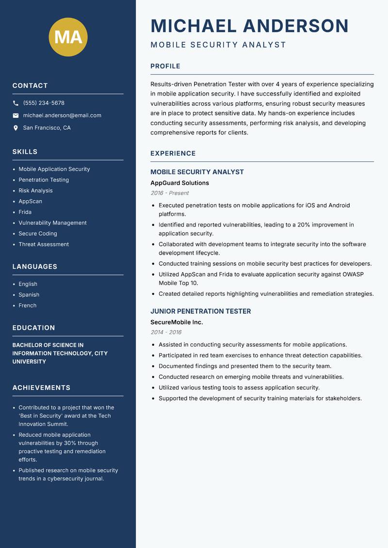 Penetration Tester resume sample — Mobile Security Analyst focus