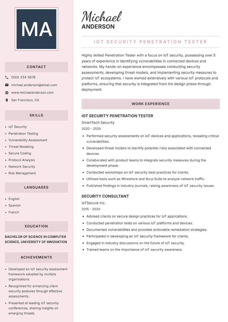 Penetration Tester resume sample — IoT Security Penetration Tester focus