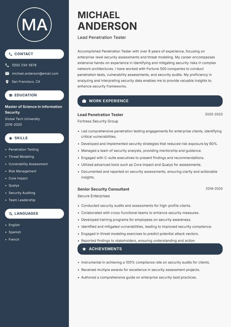Penetration Tester resume sample — Lead Penetration Tester focus