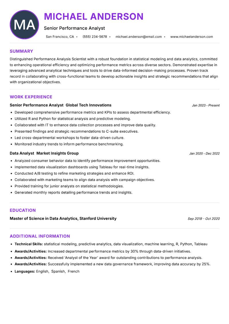 Performance Analysis Scientist resume example