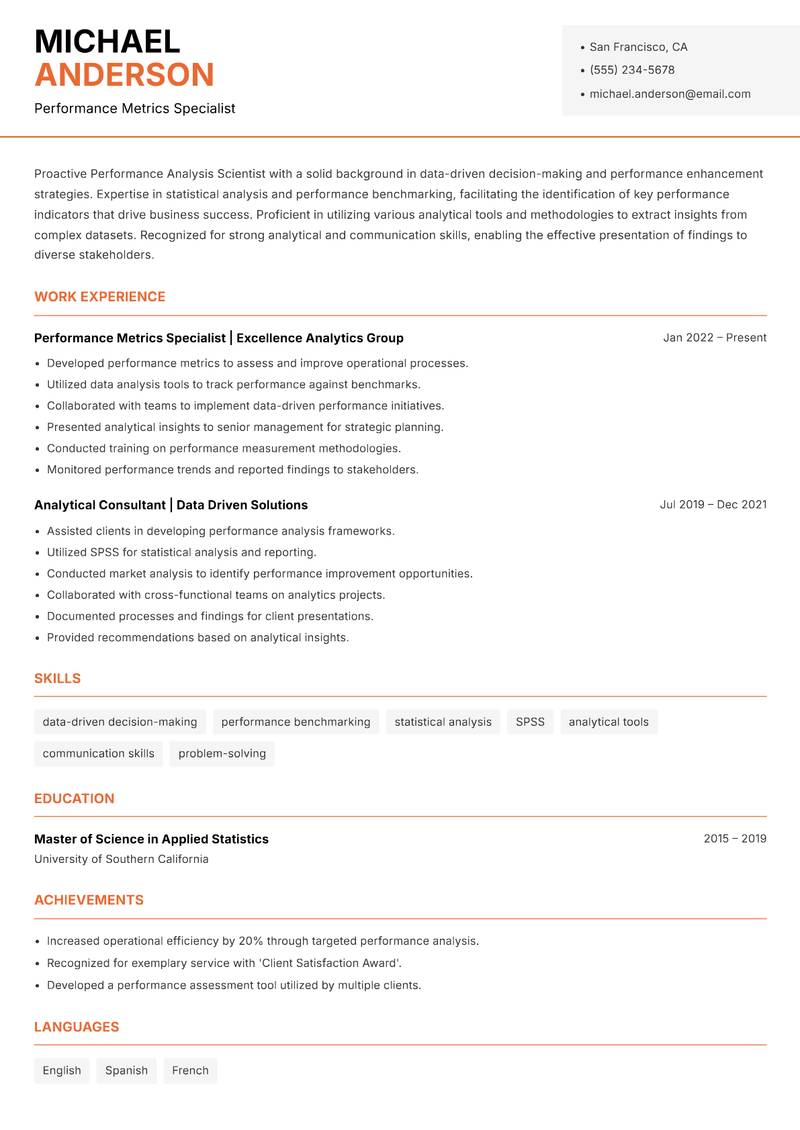 Performance Analysis Scientist resume sample — Performance Metrics Specialist focus