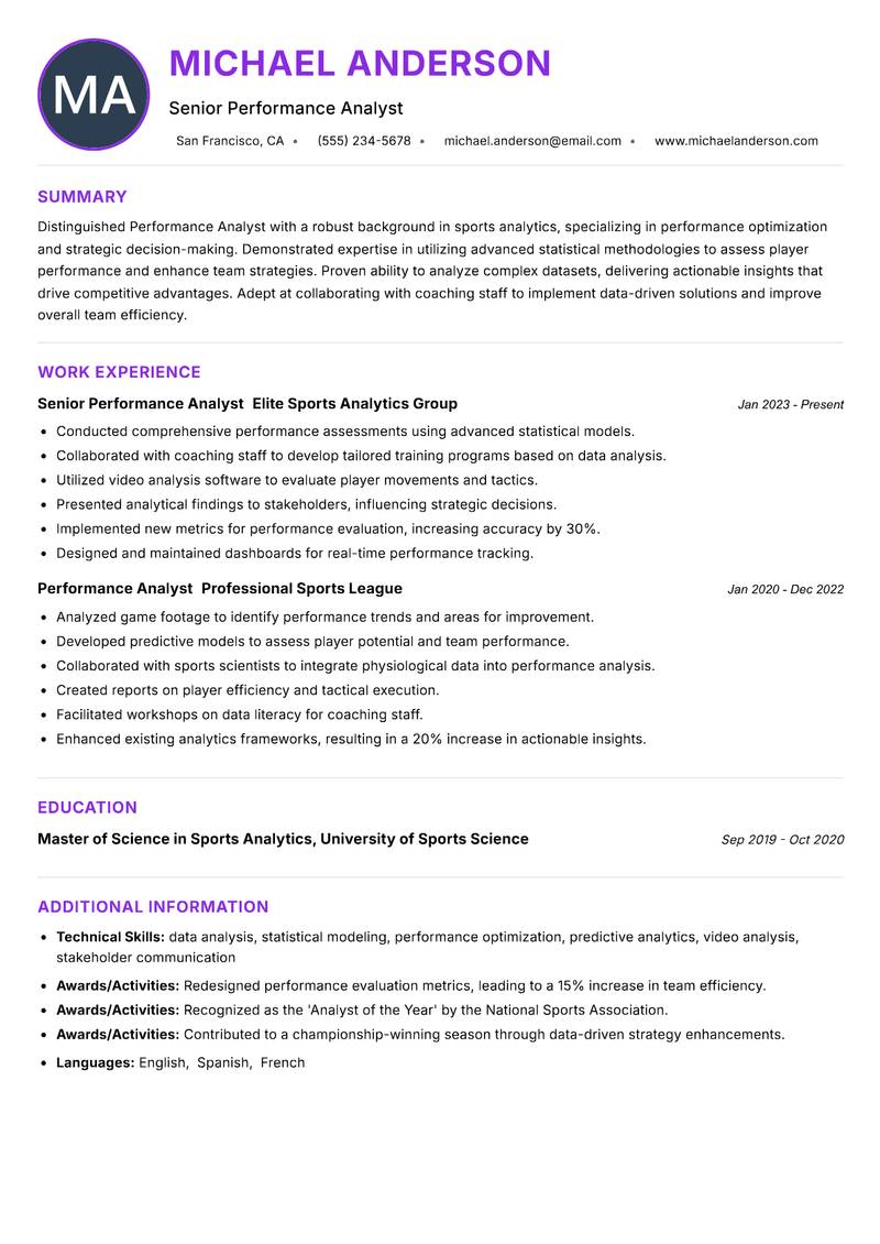 Performance Analyst Sports resume example