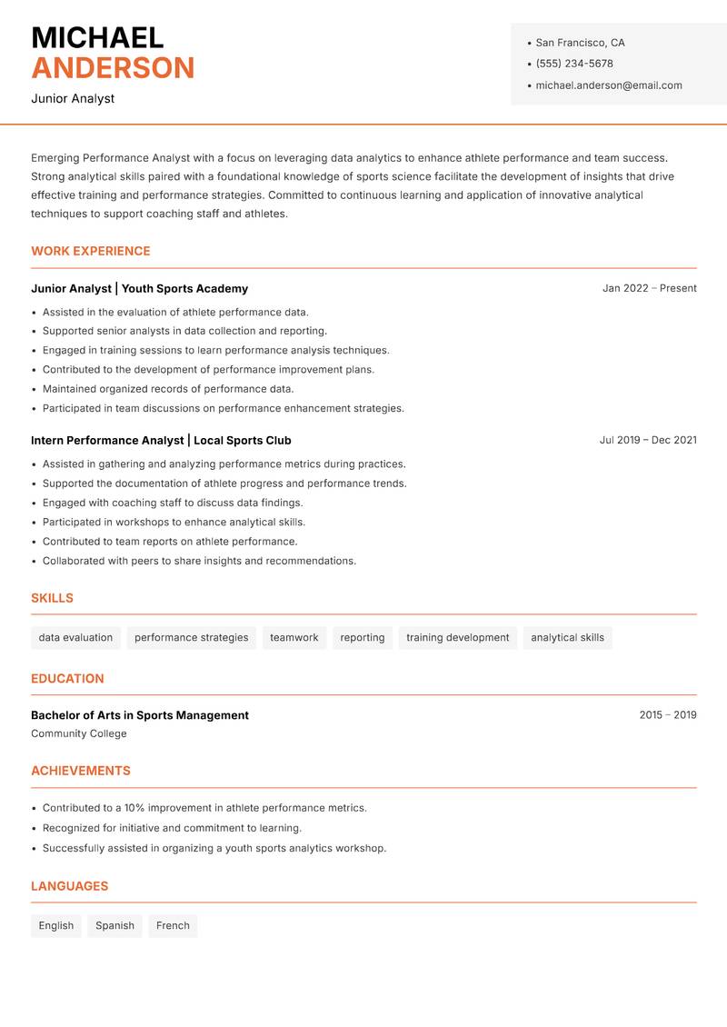 Performance Analyst Sports resume sample — Junior Analyst focus