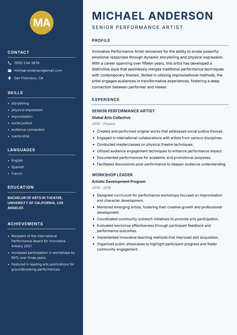 Performance Artist resume sample — Senior Performance Artist focus