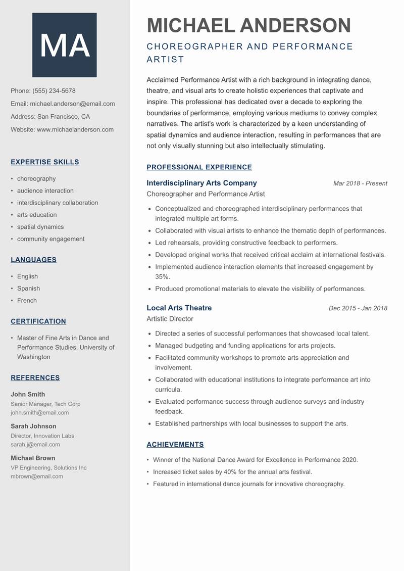 Performance Artist resume sample — Choreographer and Performance Artist focus