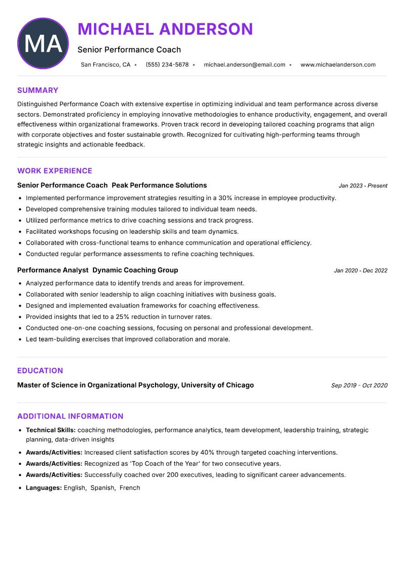 Performance Coach resume example