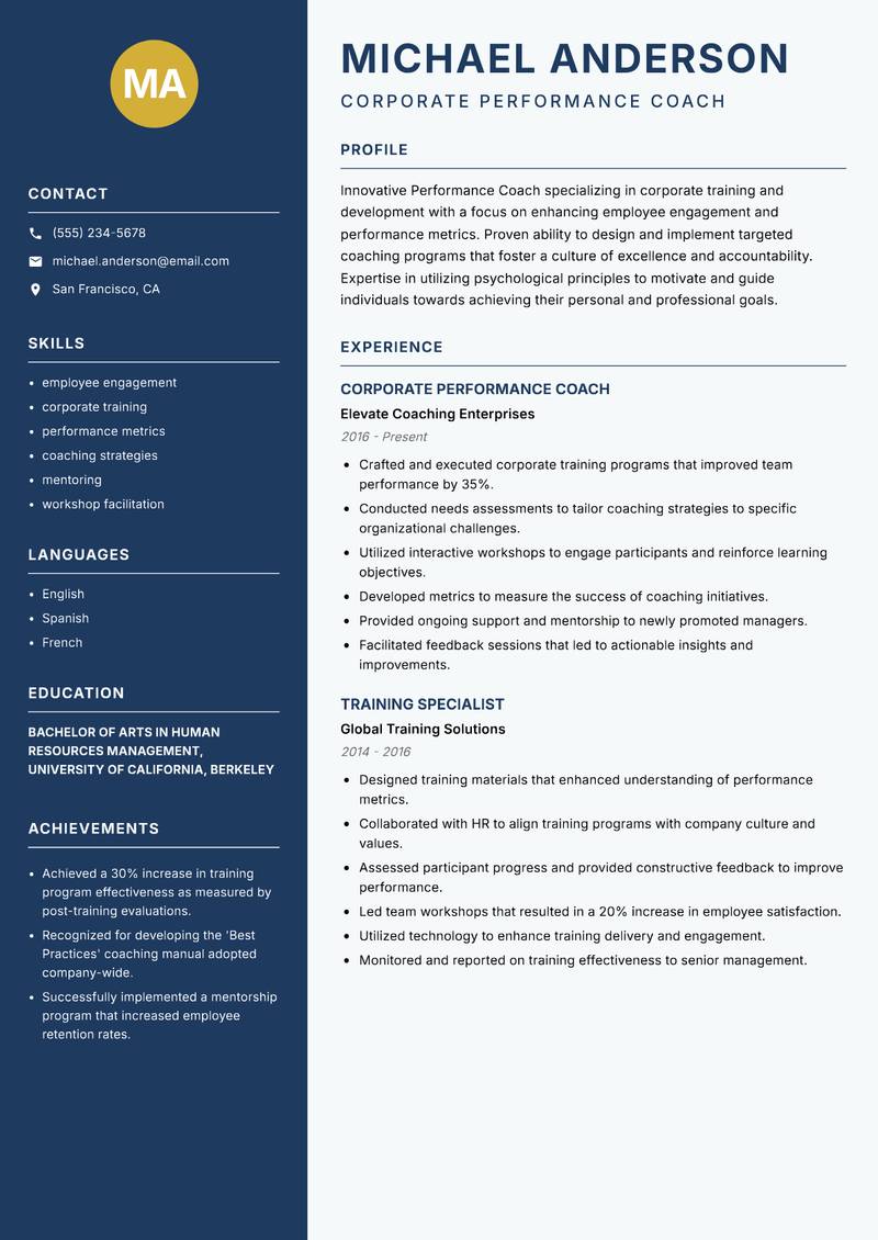 Performance Coach resume sample — Corporate Performance Coach focus