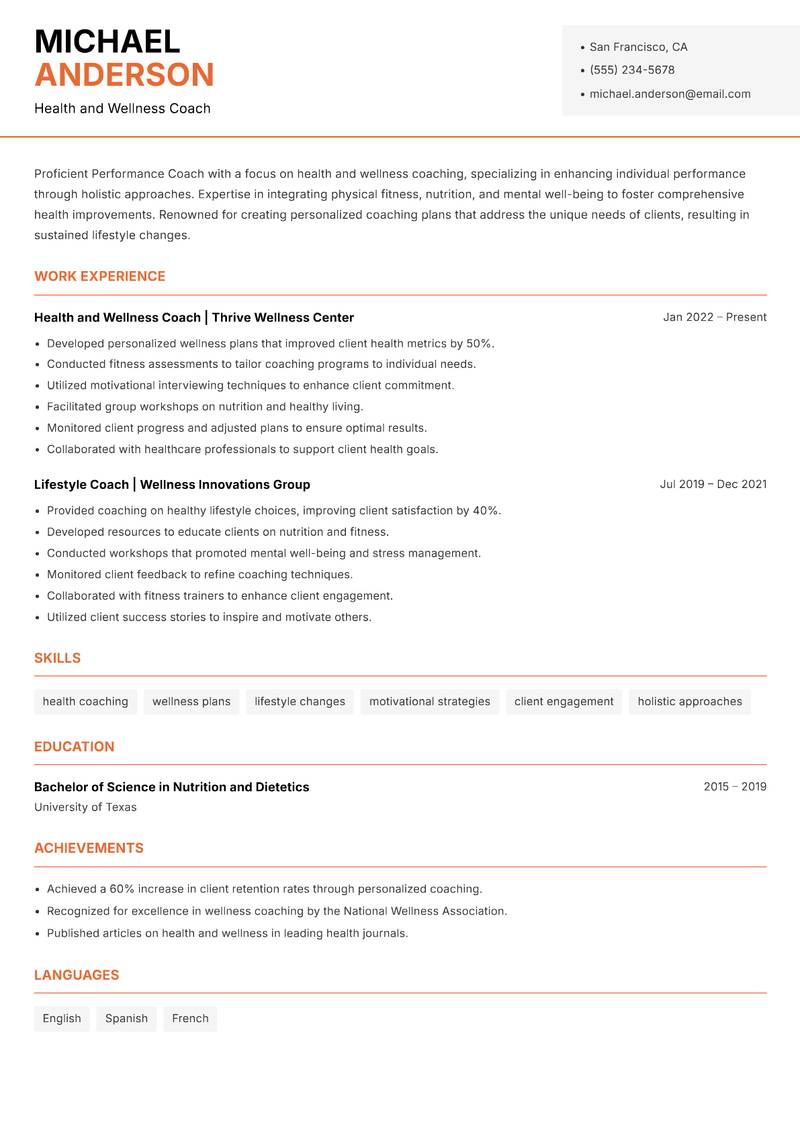 Performance Coach resume sample — Health and Wellness Coach focus