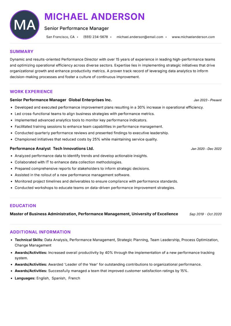 Performance Director resume example
