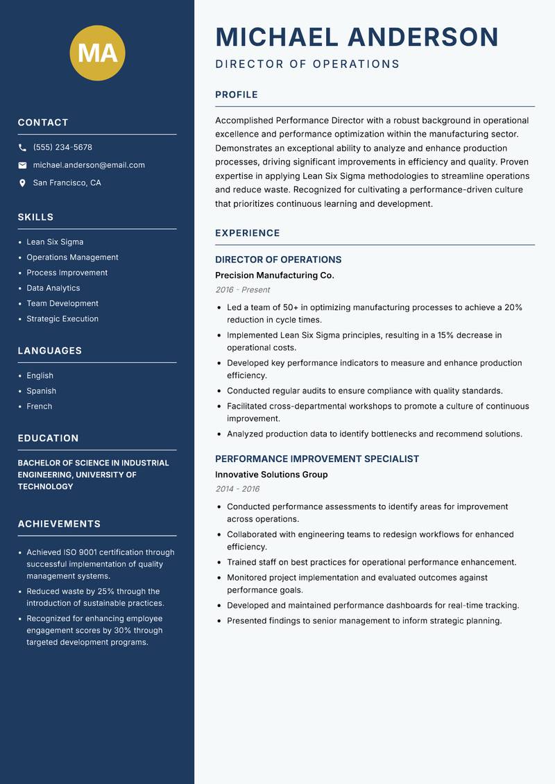 Performance Director resume sample — Director of Operations focus