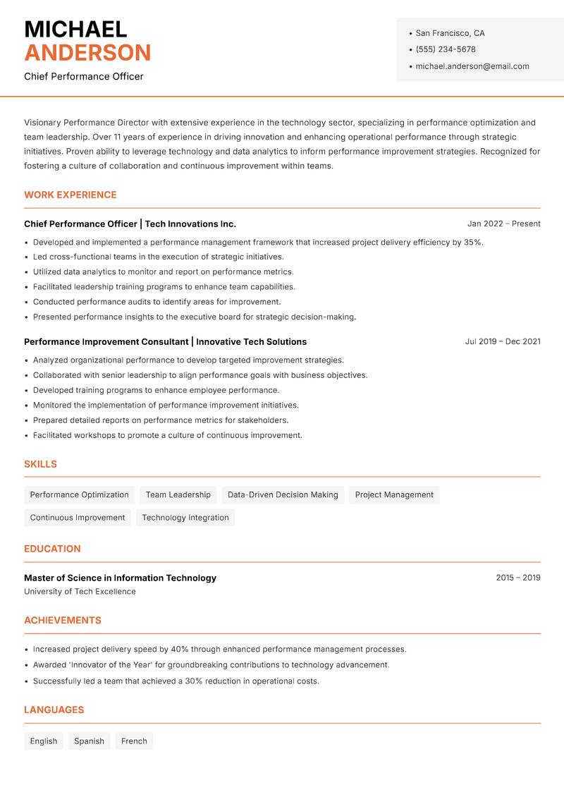 Performance Director resume sample — Chief Performance Officer focus