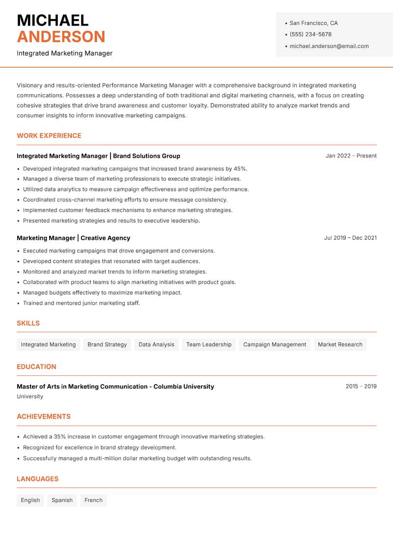 Performance Marketing Manager resume sample — Integrated Marketing Manager focus
