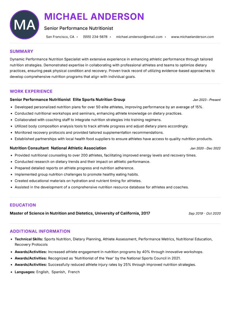 Performance Nutrition Specialist resume example