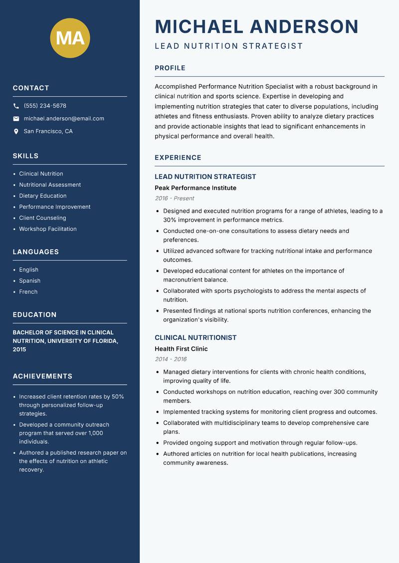 Performance Nutrition Specialist resume sample — Lead Nutrition Strategist focus