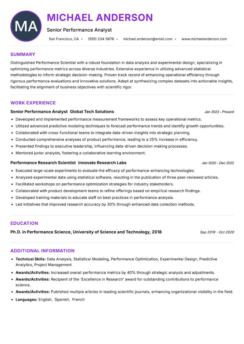 Performance Scientist resume example