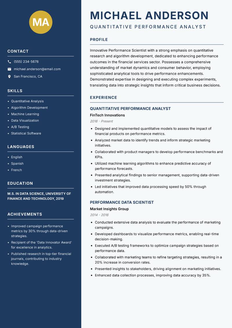 Performance Scientist resume sample — Quantitative Performance Analyst focus