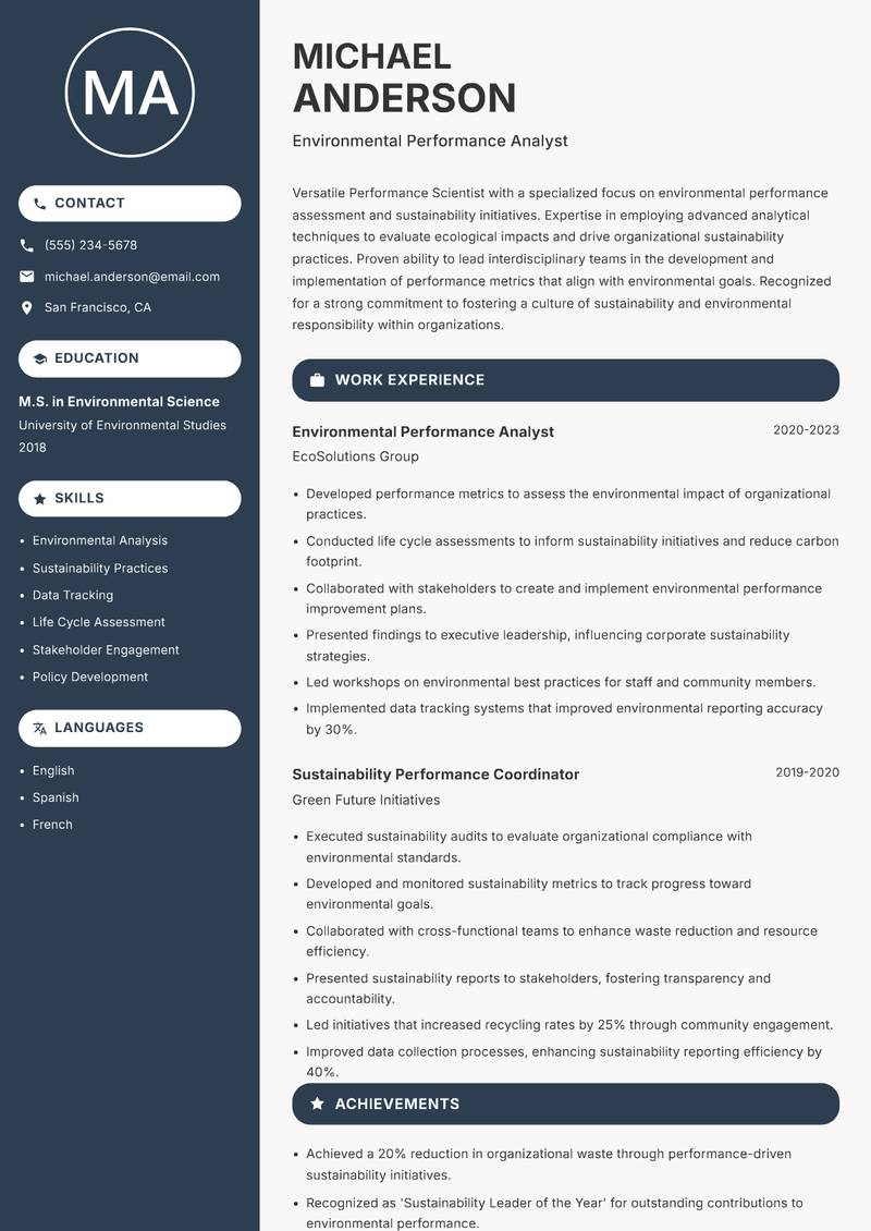Performance Scientist resume sample — Environmental Performance Analyst focus