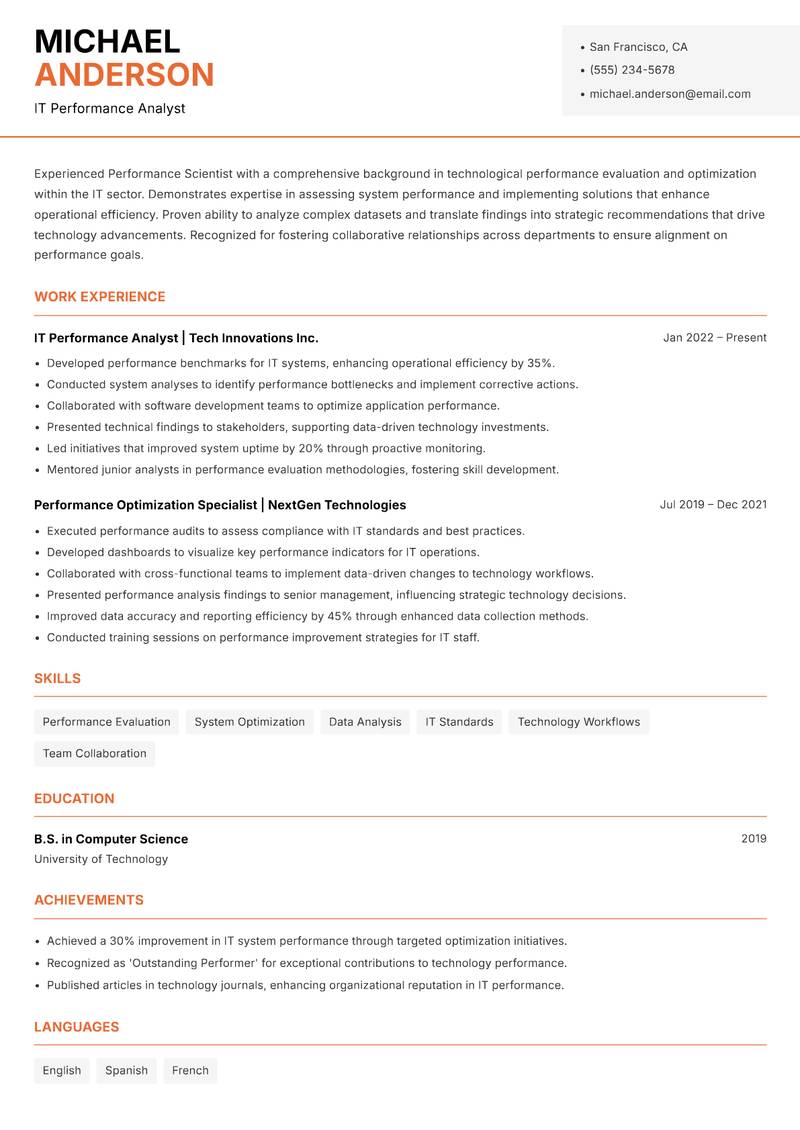 Performance Scientist resume sample — IT Performance Analyst focus