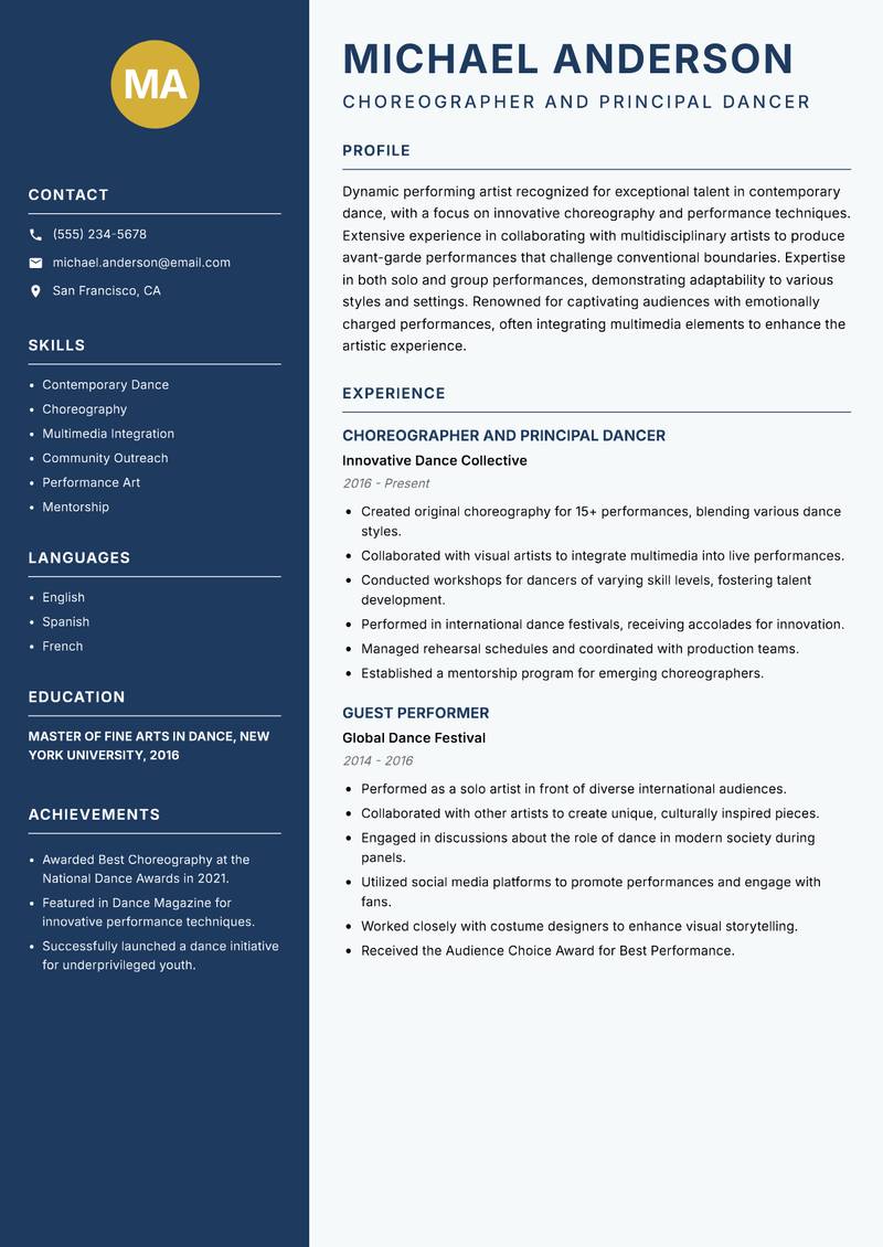 Performing Artist resume sample — Choreographer and Principal Dancer focus